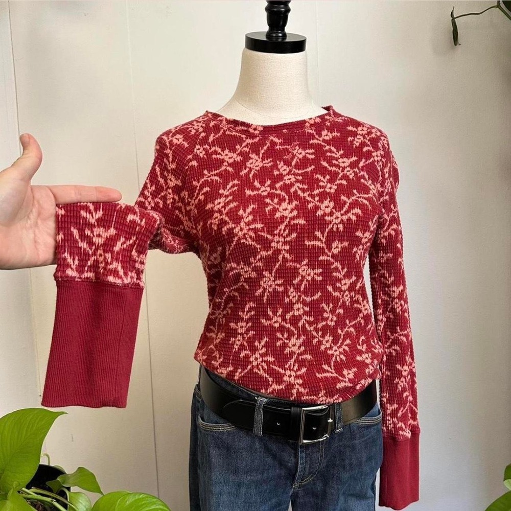 Knox Rose Women XS Burgundy Pink Floral Waffle Knit Henley Long Sleeve Top